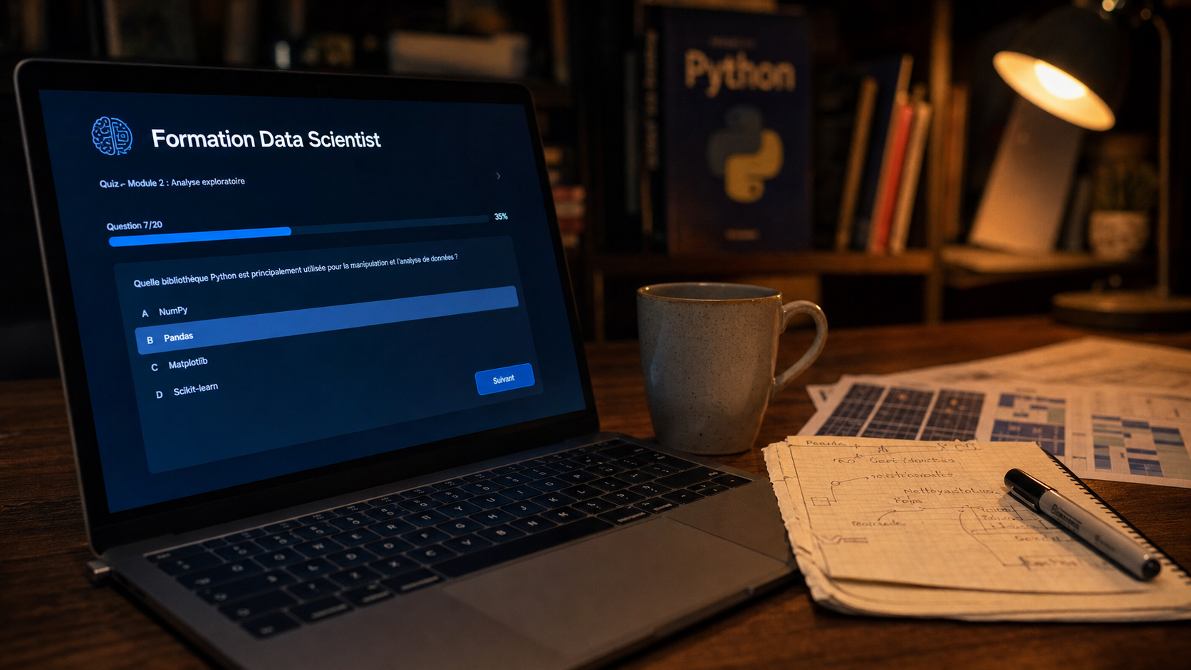 Formation data scientist en ligne gratuite : quiz Python et portfolio sur ordinateur