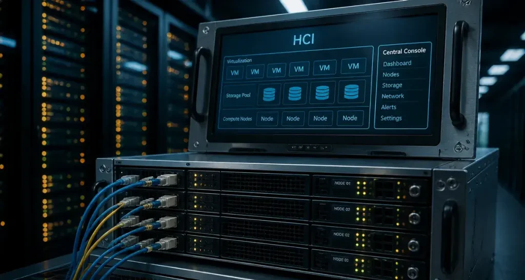 Hyperconvergence HCI : baie rack avec calcul stockage réseau et virtualisation