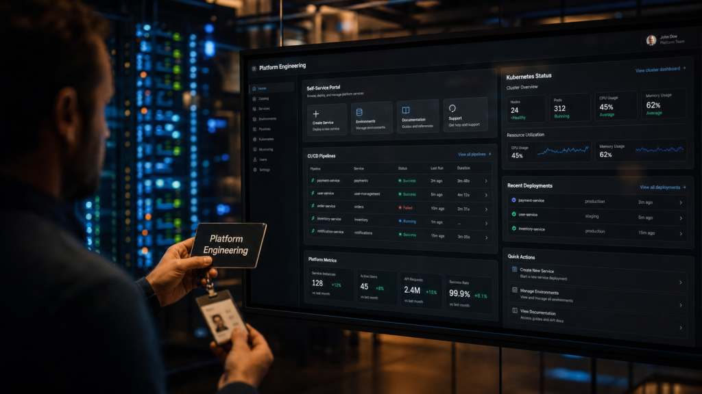 Platform engineering : open space sombre, interface CI/CD, Kubernetes, charge cognitive réduite
