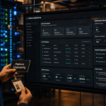 Platform engineering : open space sombre, interface CI/CD, Kubernetes, charge cognitive réduite