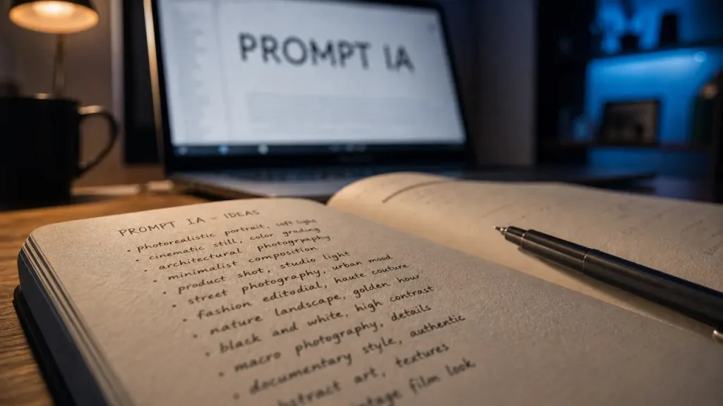 Prompt IA définition : carnet et écran portable sur bureau
