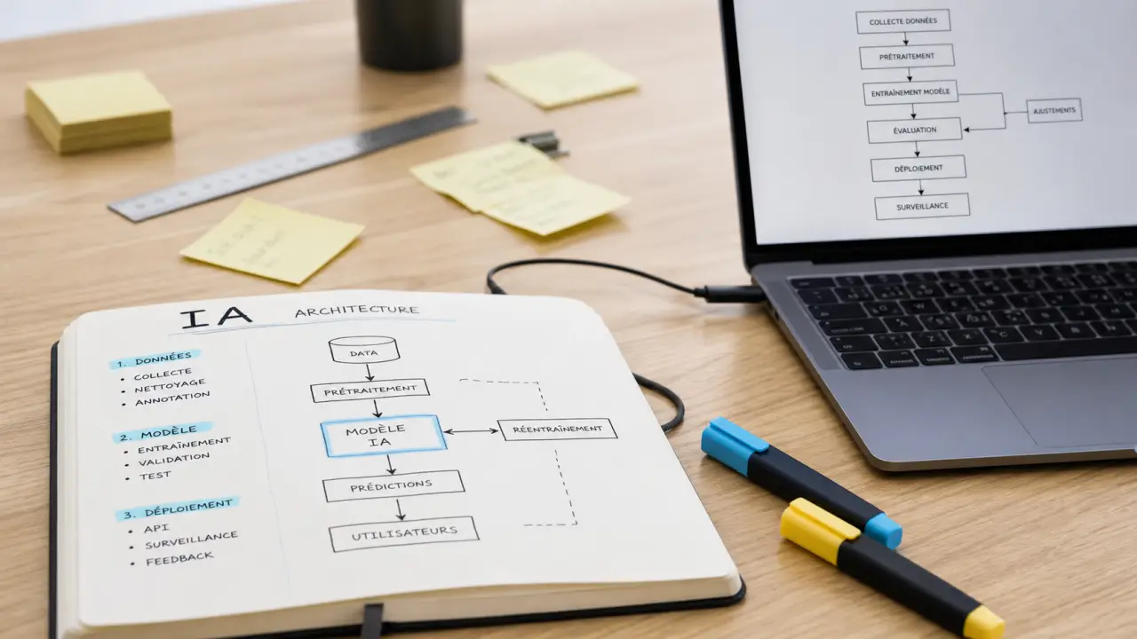 Schéma intelligence artificielle : logigramme IA sur carnet et écran