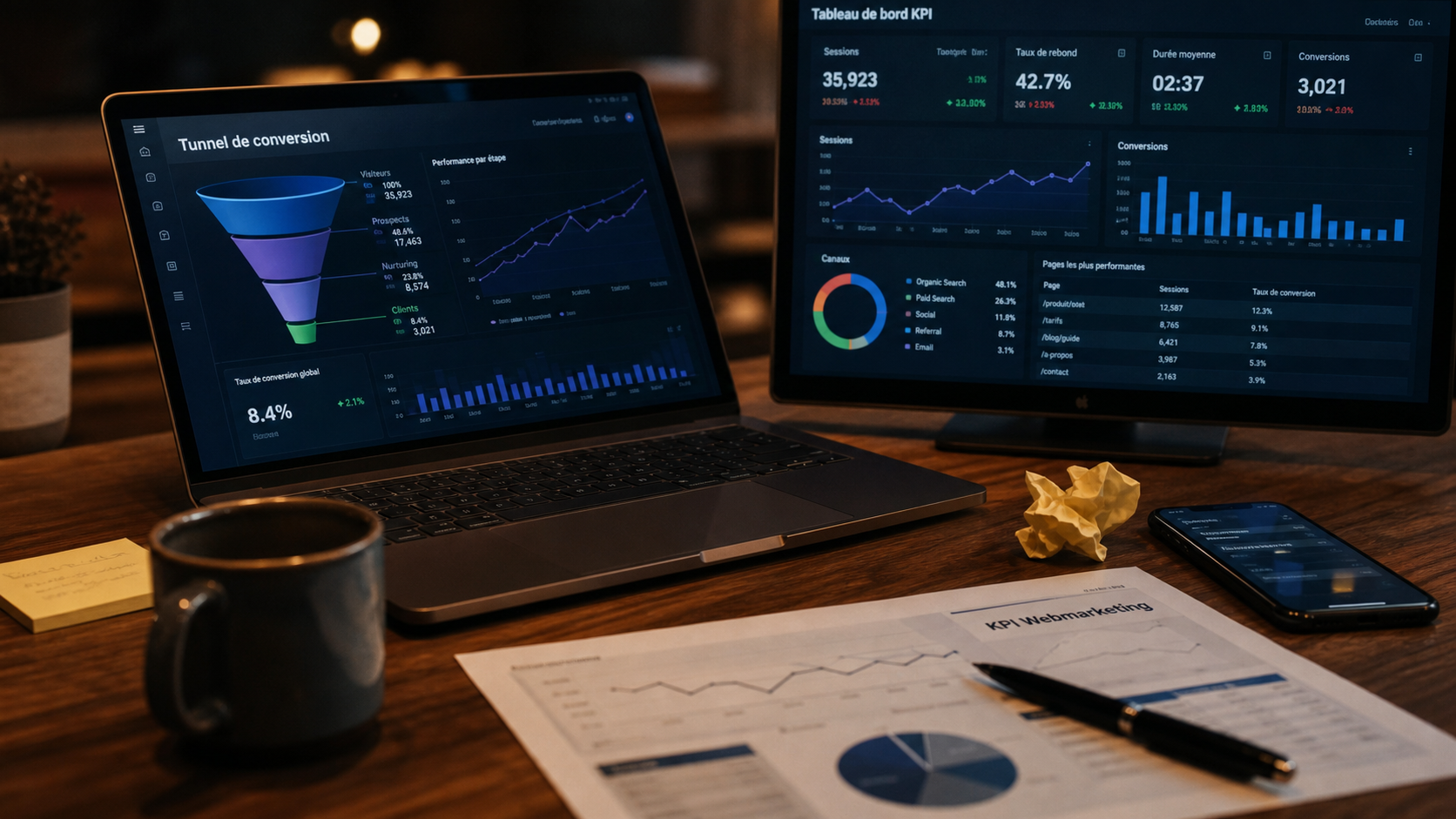 Webmarketing IA : tunnel de conversion et KPI sur écran