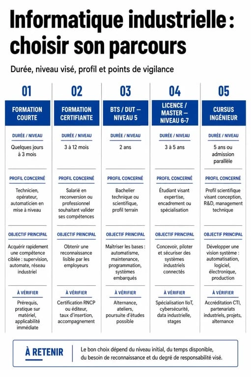 Comparatif des parcours pour une formation en informatique industrielle, du module court au cursus ingénieur