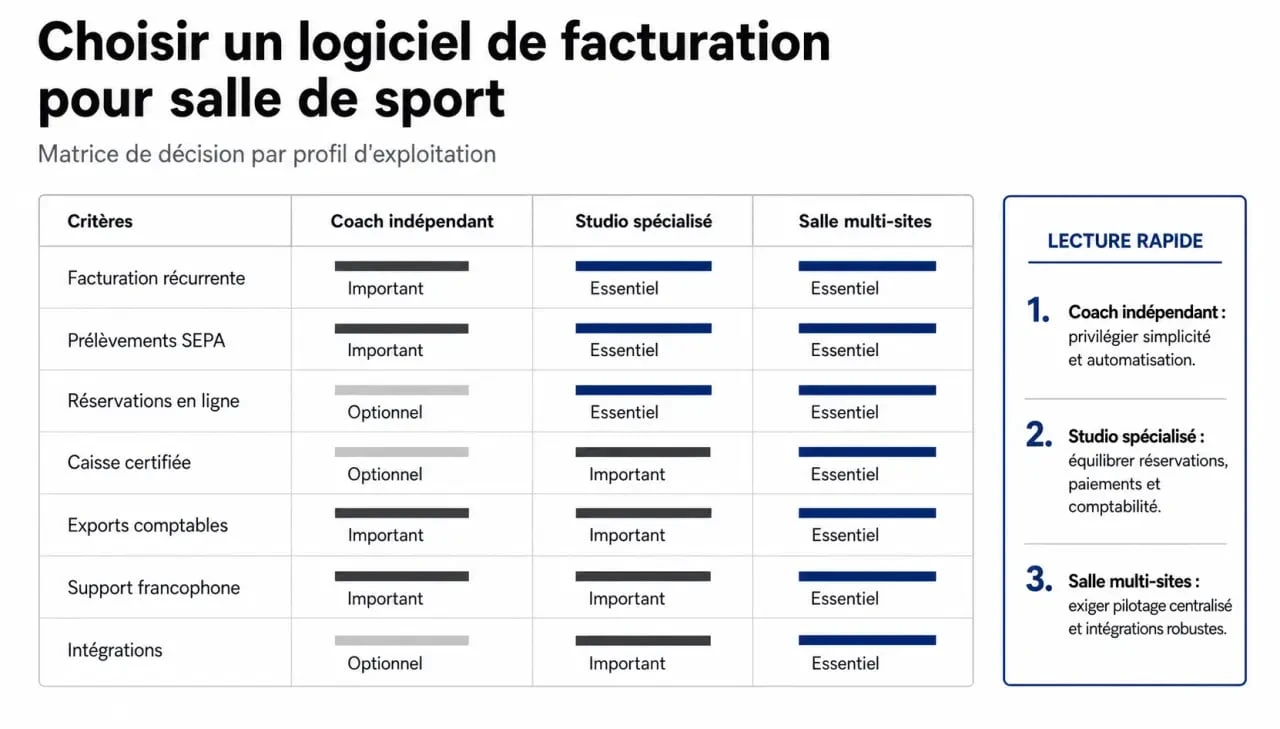 Logiciel facturation salle de sport : comparaison des critères selon le profil de structure