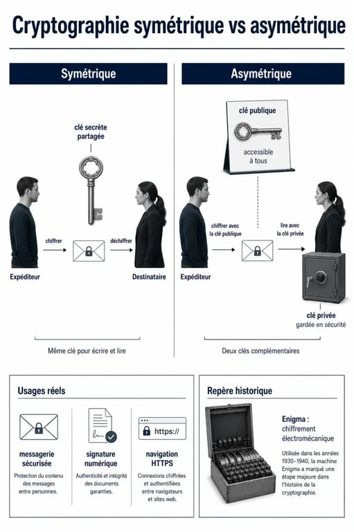 Cryptographie exemple : schéma comparant chiffrement symétrique et asymétrique avec clé publique, clé privée et usages réels