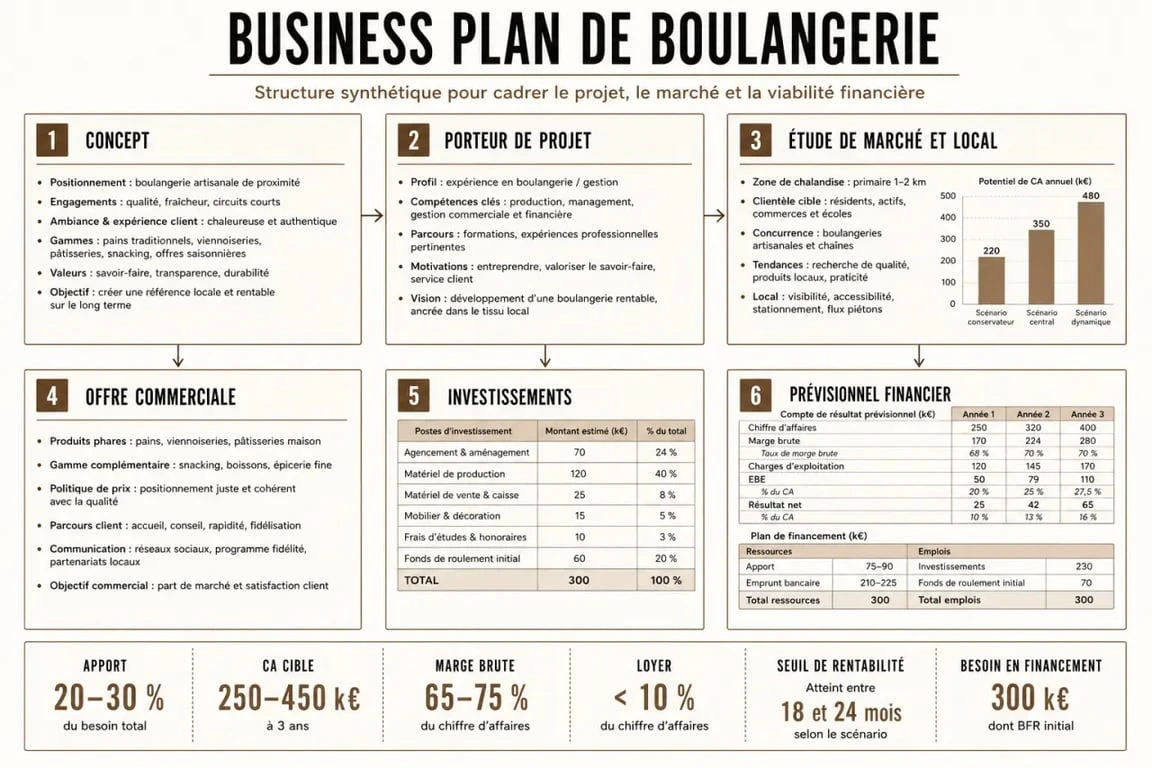Business plan boulangerie : structure éditoriale des étapes clés et du prévisionnel financier