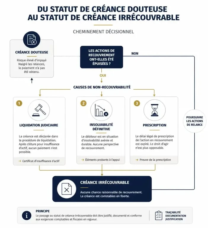 Infographie du processus de qualification d'une créance irrécouvrable pour la récupération de TVA