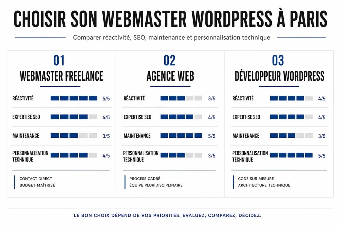 Webmaster WordPress Paris : comparaison éditoriale entre freelance, agence web et développeur WordPress