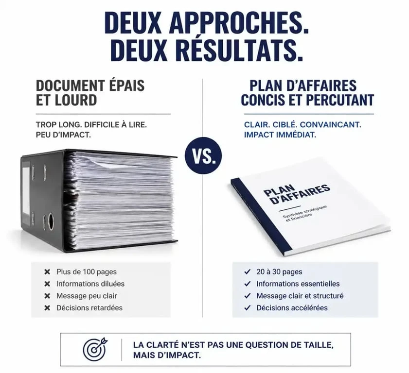 Comparatif visuel entre un business plan détaillé et un business plan simplifié pour la création d'entreprise
