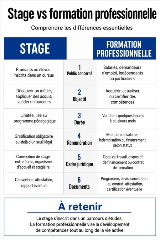 Différence stage et formation professionnelle dans une infographie comparative