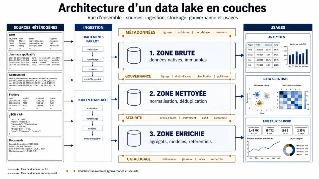 Schéma d’architecture data-lake montrant les sources, l’ingestion, les zones de stockage et la gouvernance