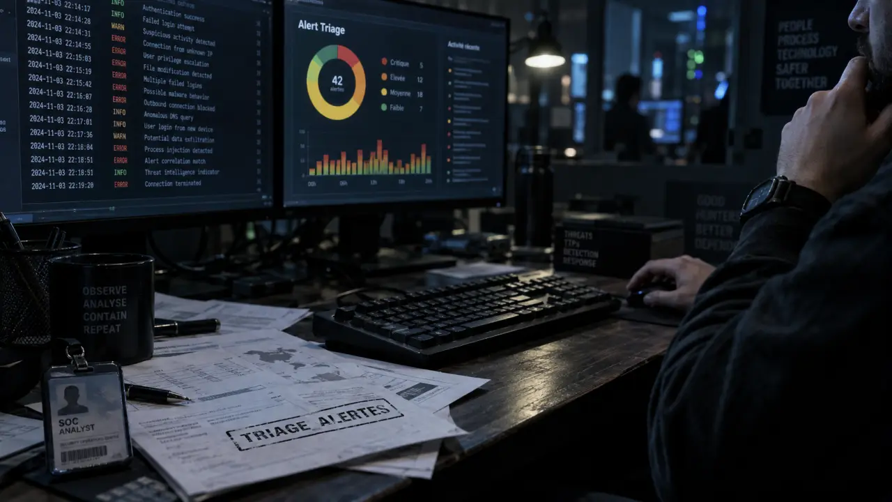 Analyste cybersécurité au SOC, triage alertes sur écrans