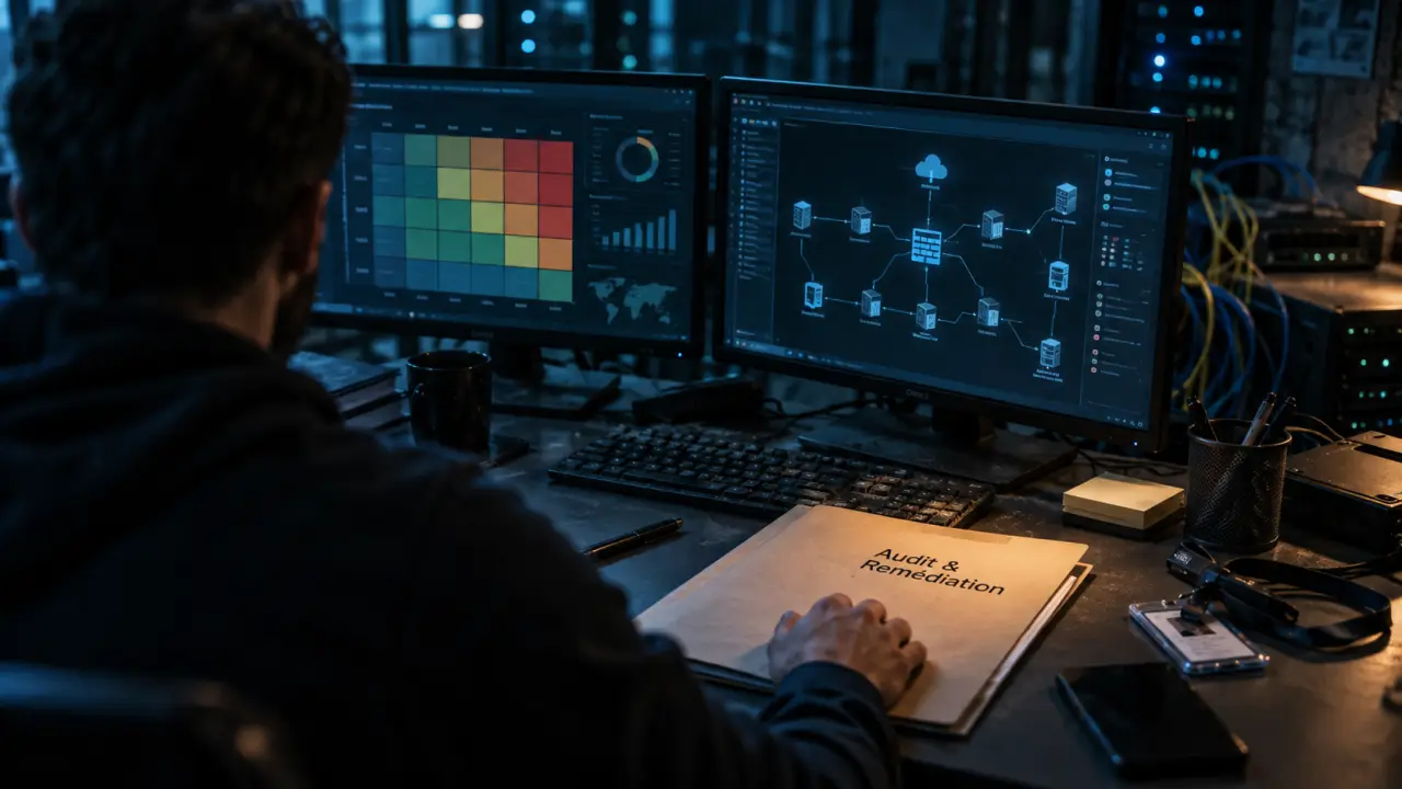 Consultant cybersécurité analysant une matrice de risques et le réseau