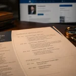 cv chargé de communication : CV et portfolio LinkedIn, loupe et stylo sur bureau