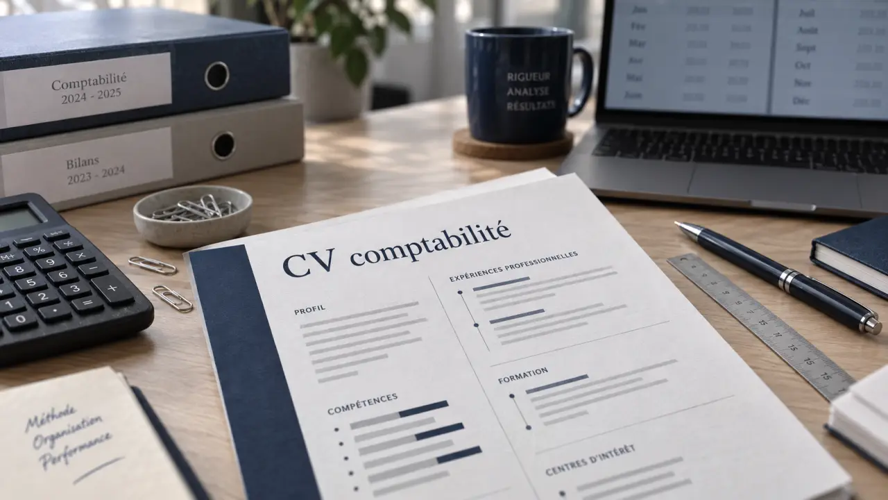 cv comptabilité sur bureau avec calculatrice et surlignages