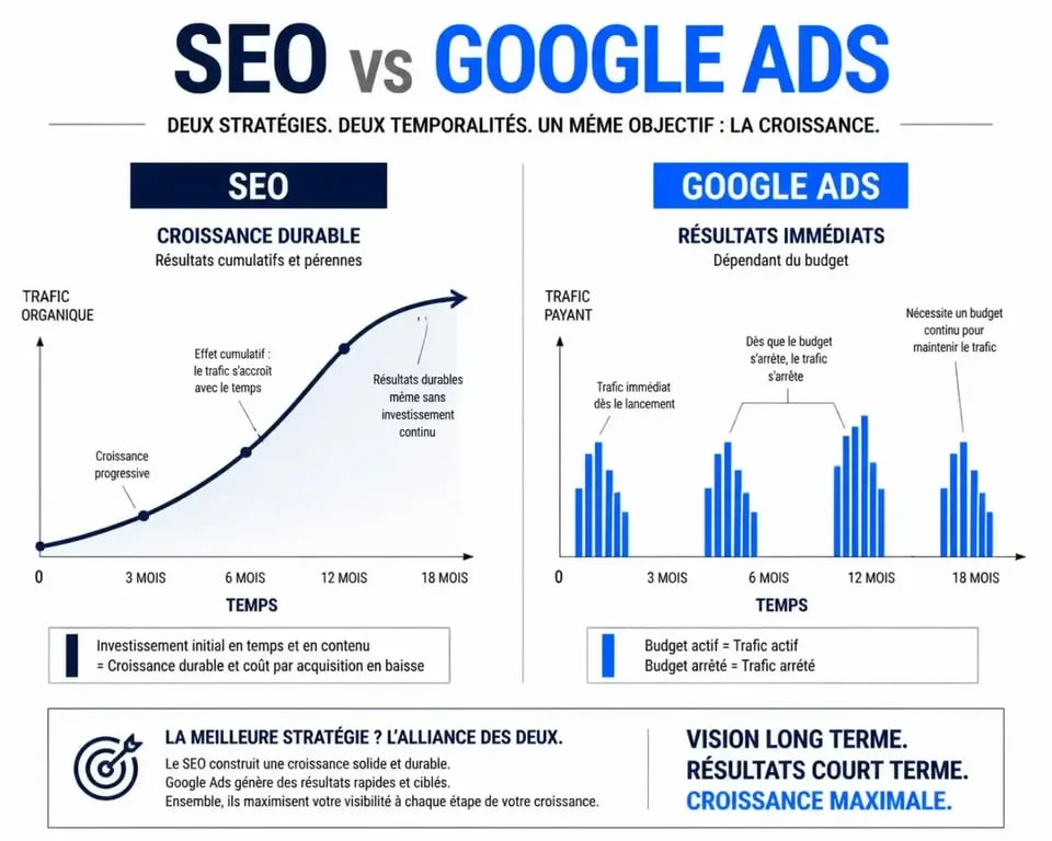 Infographie comparative entre SEO pour PME et Google Ads pour illustrer la stratégie de visibilité