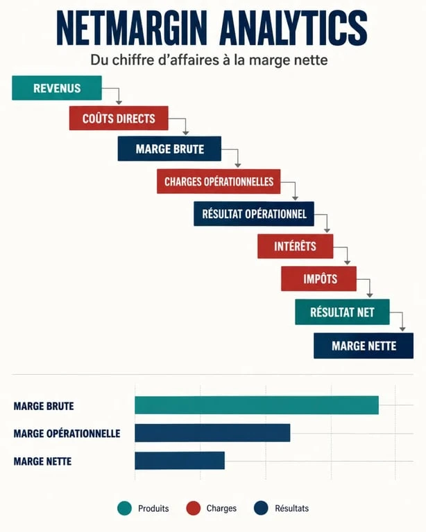 Infographie des indicateurs de performance NetMargin Analytics et des trois niveaux de marge