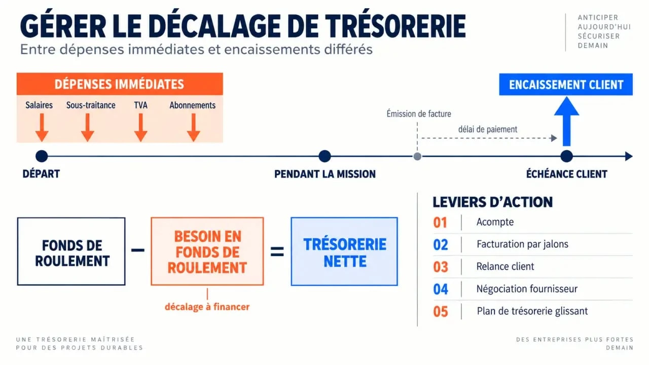 Infographie sur la gestion de trésorerie d'une entreprise de services, le BFR et les délais d'encaissement