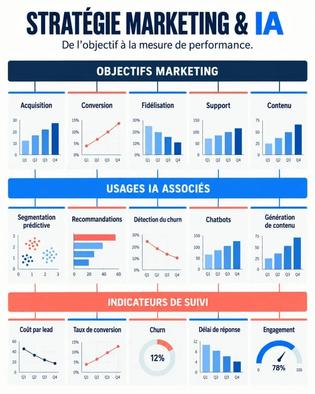 Infographie d’une stratégie marketing intelligence artificielle reliant objectifs, usages IA et indicateurs de performance
