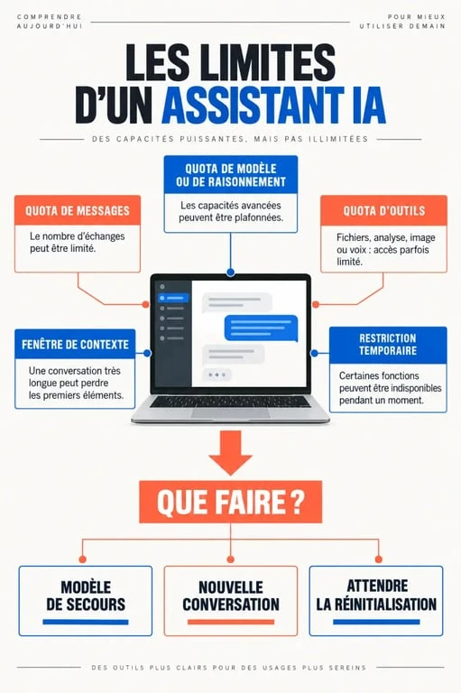 Infographie expliquant les différentes limites de ChatGPT et les solutions après une limite atteinte