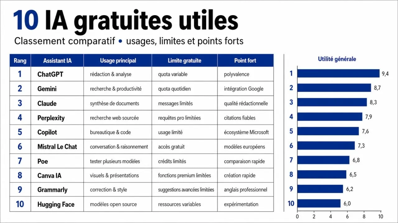 Top 10 intelligence artificielle gratuit : comparatif des meilleures IA gratuites selon l’usage