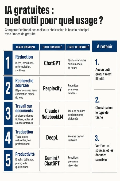 Comparatif de la meilleur intelligence artificielle gratuite par usage principal