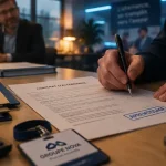 Contrat d’alternance adulte après 30 ans, signature près du tampon Apprentissage