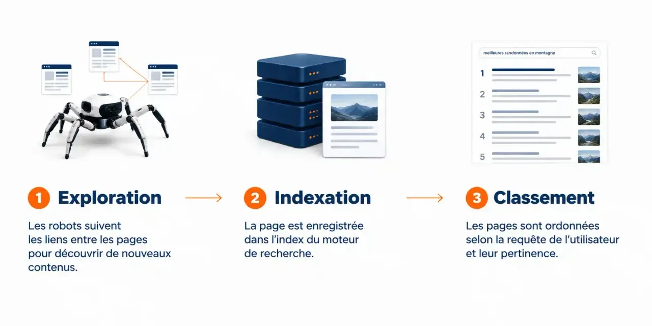 Schéma du parcours exploration, indexation, classement pour optimiser son référencement naturel