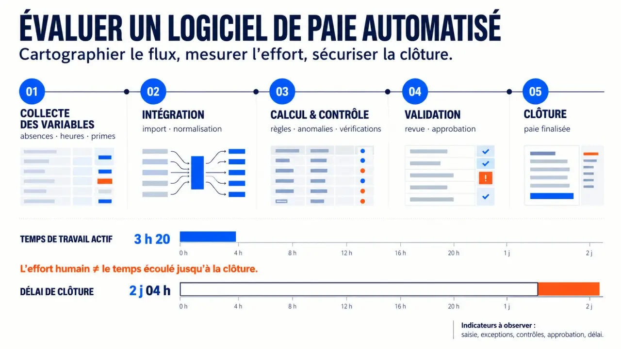 Logiciel de paie automatisé PayrollTech Pro : visualisation du temps de traitement entre collecte, contrôle et clôture