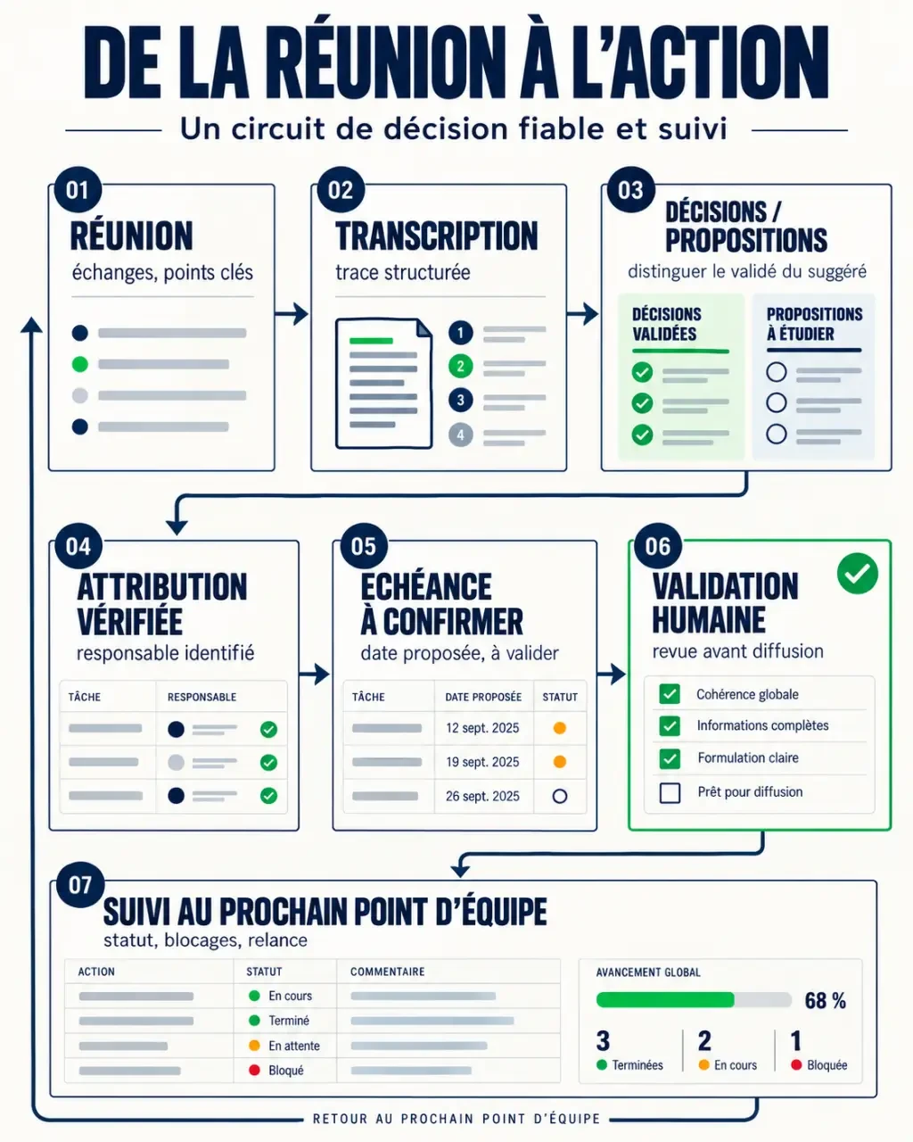 Workflow des outils ia management pour transformer une réunion en actions suivies