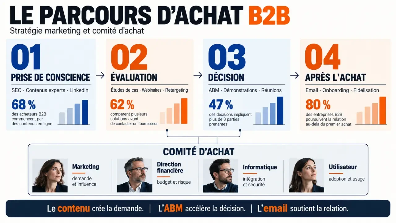 Infographie de stratégie marketing btob et parcours d’achat B2B