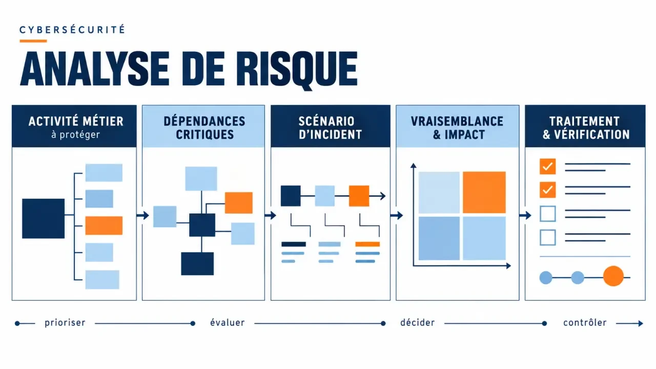 Schéma éditorial du processus d’analyse de risque cybersécurité, des activités critiques au plan de traitement
