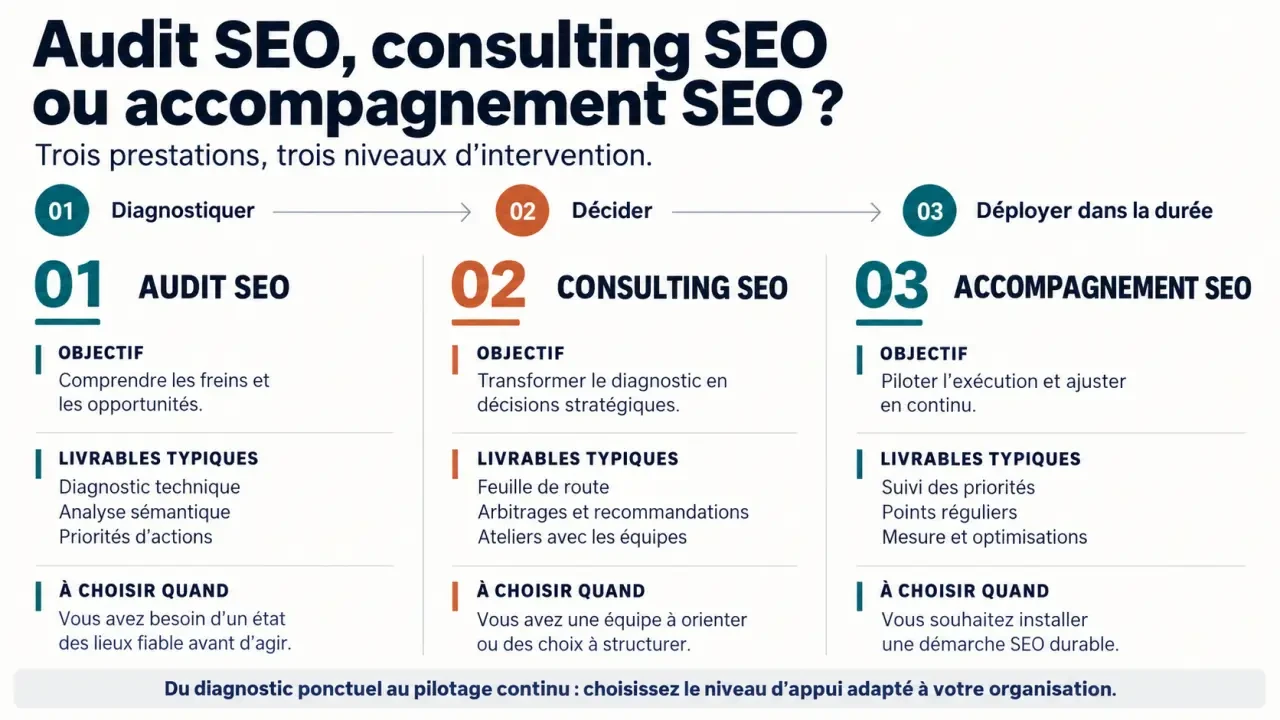 Infographie sur l’accompagnement SEO comparant audit SEO, consulting SEO et suivi continu