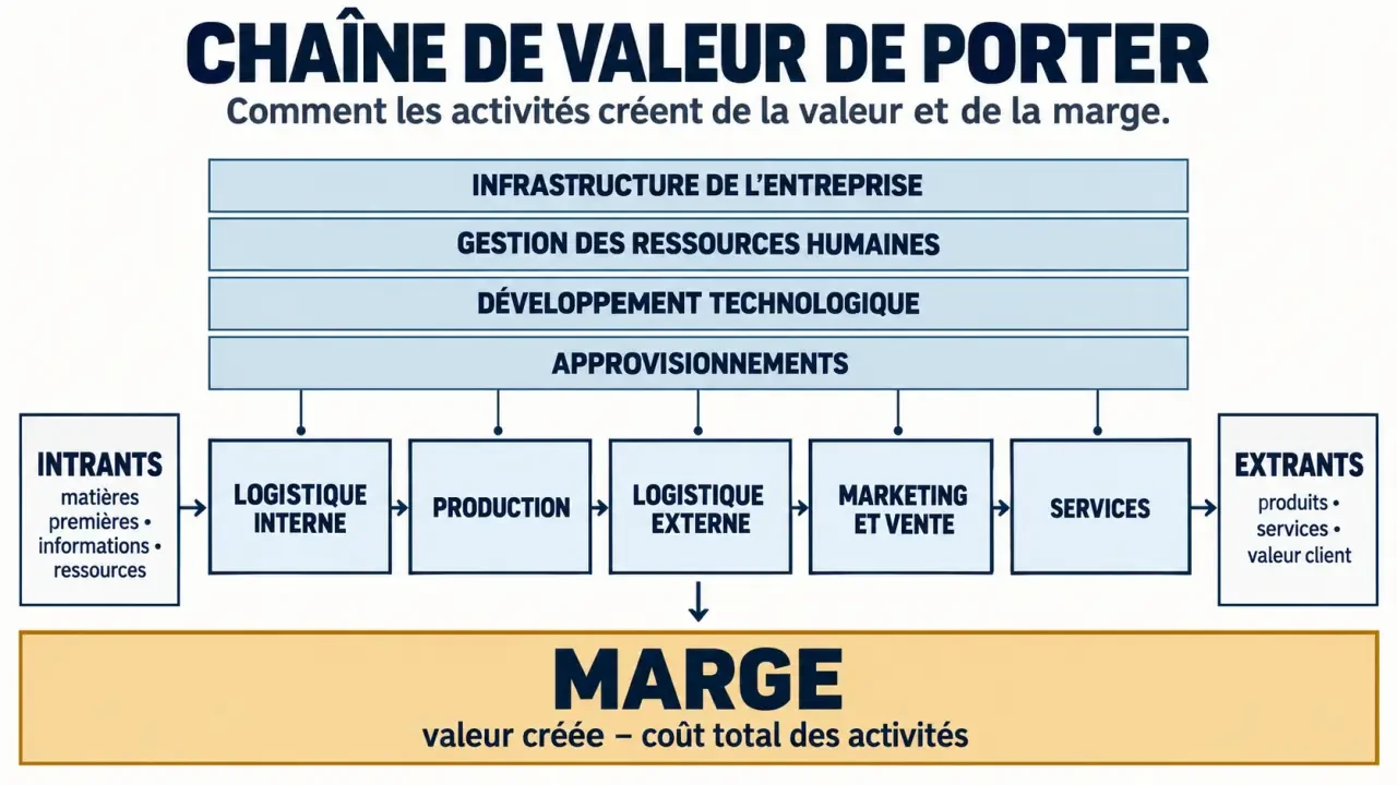Schéma de la chaîne de valeur de Porter avec activités principales, activités de soutien et marge