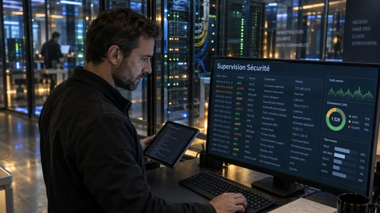 Technicien cybersécurité supervisant la sécurité en salle serveurs